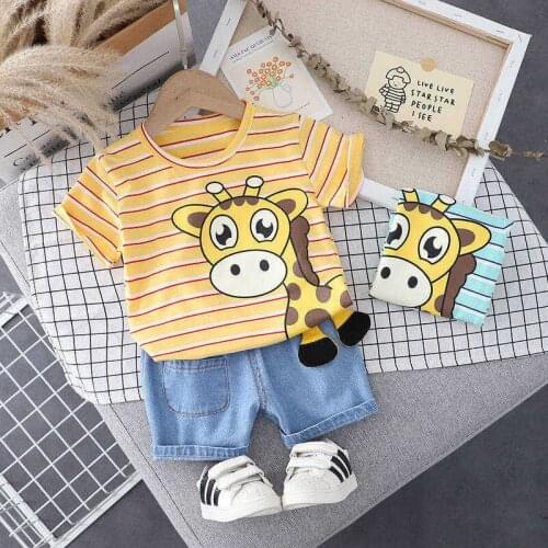 Summer Children Cotton Clothes Baby Boys Printed Cartoon O-Neck Strips Giraffe T Shirt Shorts 2Pcs/Sets Kids Fashion Toddler