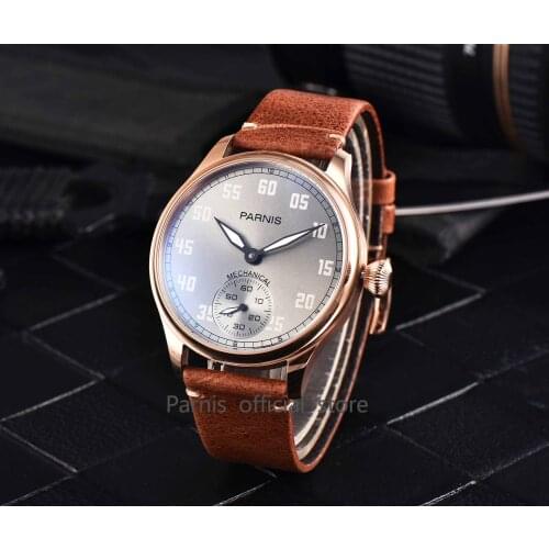 PARNIS Hand Winding Rose Gold 44mm Round Men Watch 6498 Movement Leather Strap Grey Dial