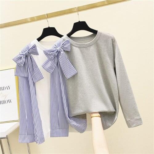 2021 Spring New Korean Irregular Striped Bow Lace-Up Long-Sleeve Sweatshirt Loose Tops Students Hoodies Autumn Roupas Femininas