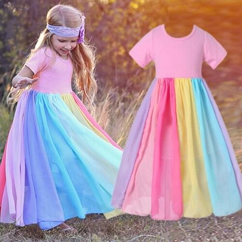 2020 Summer New Arrival Girls Short Sleeve Dress Casual Long Dress Rainbow Color Stitching Childrens Clothing For Girls 2-8 Y
