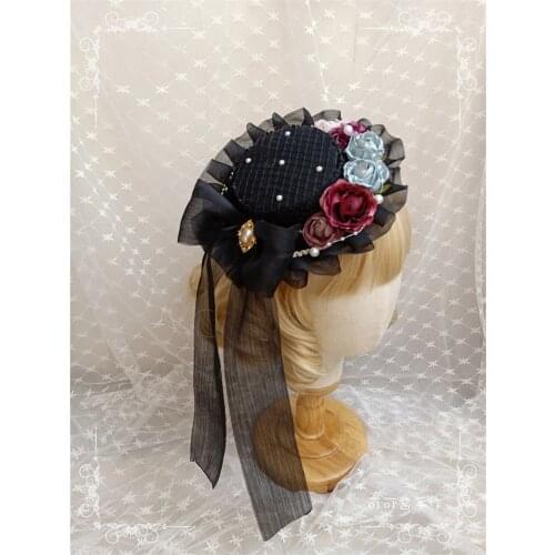 Original Design Lolita Mini Fascintor Hat Headwear Vintage Flower Mesh Ribbon Headwear Gothic Cosplay Women Costume Headdress