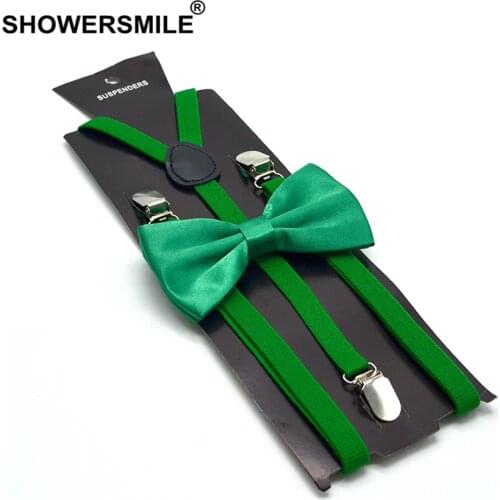 SHOWERSMILE Green Suspenders with Bowtie Men Women Yellow Red Black White Blue Pink beige Adult Suspenders Braces 100cm*1.5cm