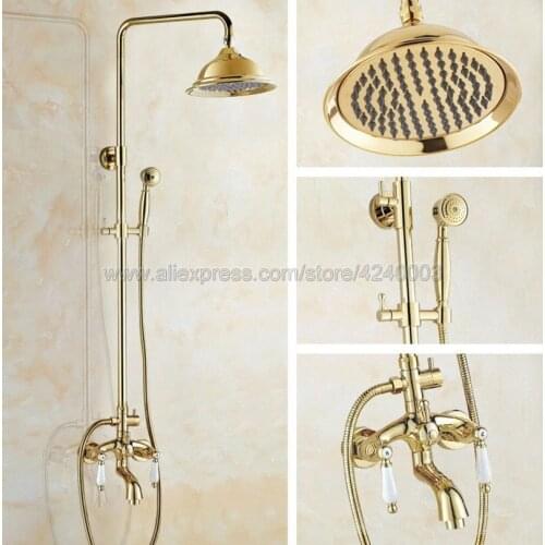 Luxury Gold Color Brass Bathroom Shower Faucet Double Handle Swivel Spout Tub Mixer Tap with Hand Shower Wall Mounted Kgf423