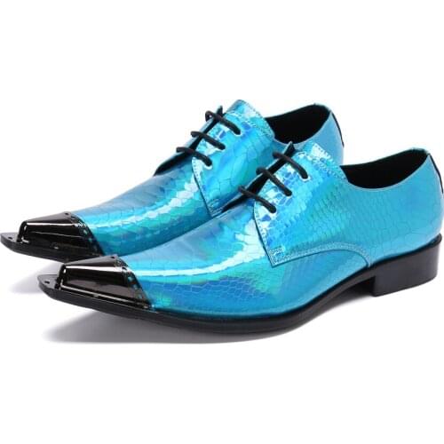 Fashion Men Party Oxfords Metal Pointed Toe Snakeskin Grain Patent Leather Mens Flats Shoes Nightclub Wedding Man Brogue Shoes