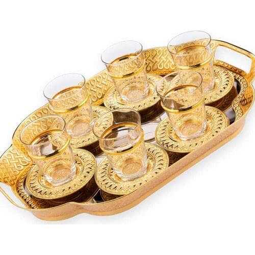 Turkish Moroccan Tea Glasses Cups Saucers Set of 6 with Tray Glassware Vintage (Gold)