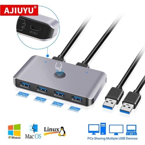 AJIUYU USB KVM Switch Box USB 3.0 2.0 Switcher 2 Port PCs Sharing 4 Devices for Keyboard Mouse Printer Monitor with 2 Cables