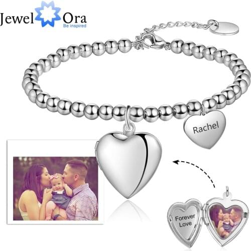 JewelOra Customized Photo Heart Locket Beaded Bracelets Personalized Name Engraved Charm Bracelets & Bangles Christmas Gift