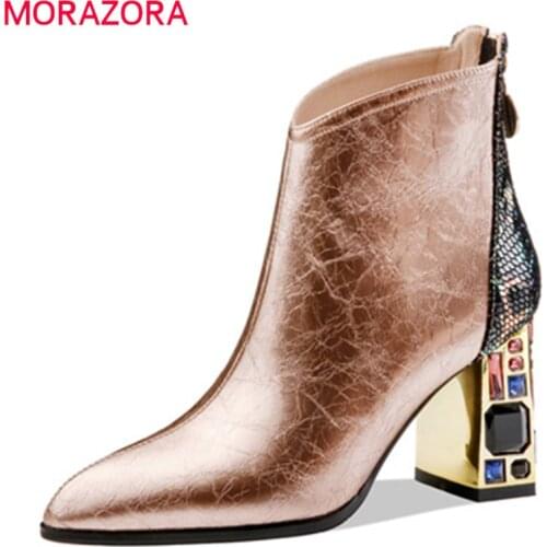 MORAZORA 2021 Genuine leather boots ladies shoes fashion pointed toe high heels ankle boots winter gold black women boots