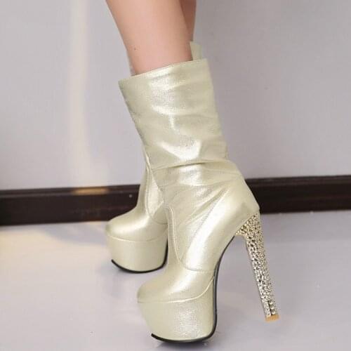Sexy Thin High Heels 15cm Women Shoes Pleated PU Leather Mid-Calf Boots Fashion Platform Slip-On Booties Spring Fall Lady Boots