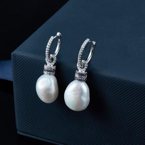 SLJELY Fashion 925 Sterling Silver Fancy White Natural Freshwater Pearls Earrings with Purple Stones Women Luxury Brand Jewelry