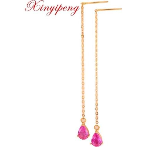 Xin yi peng fine jewelry real 18k rose gold 100% natural pink sapphire female drop earrings for women fine earrings AU750