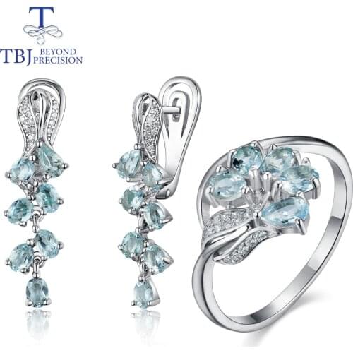 TBJ,Natural Aquamarine gemstone simple rings and earrings jewelry set 925 sterling sliver fine jewelry new style 2020