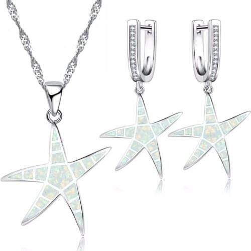 Fashion Cute Starfish Accessories Set For Women Imitation White Fire Opal Pendant Necklace Earrings Women Wedding Jewelry