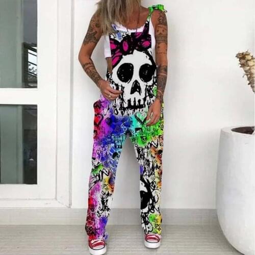 Women Punk Skull Print Jumpsuit Bodysuit Summer Casual Sleeveless Romper Off Shoulder Playsuit Fashion Pocket Beach Overalls New