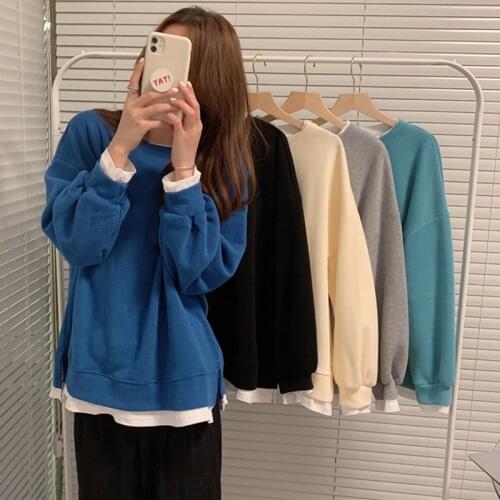 Colorfaith New 2020 Autumn Winter Women Sweatshirts Harajuku Pullovers Fake Two Pieces Split Oversized Korean Lady Tops SS3729