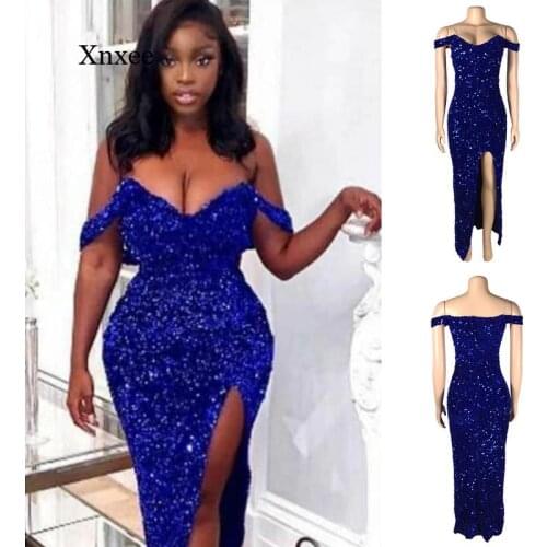 Solid Sequins Long Dress for Women Sexy Royal Prom Sparkly Party Gowns Girls Off The Shoulder Side Slit Wedding Party Dresses