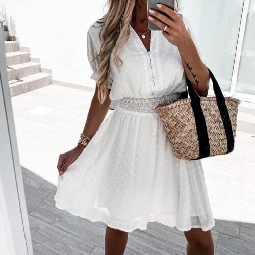 Summer White Chiffon Shirt Dress V Neck Women Casual Elastic Waist Office A Line Dress Lady Elegant Black Dot Party Vestido 2021