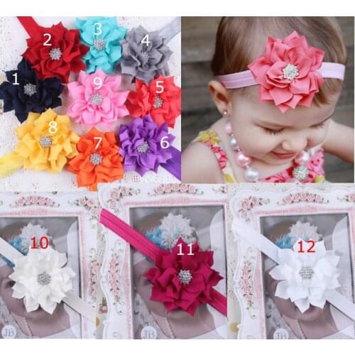 12 pcs/lot Rhinestone Hindu Lotus Flower Elastic Glossy headband Hair bow