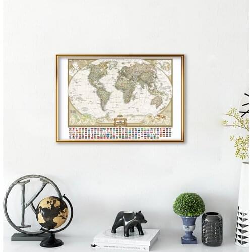 59*42cm The World Political Map with National Flags Retro Wall Poster Decorative Canvas Painting School Supplies Wall Home Decor