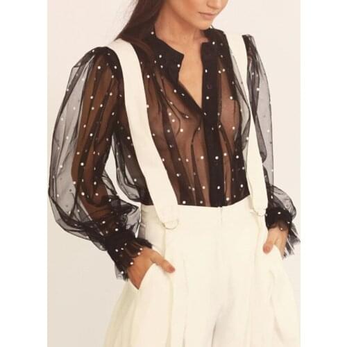 Polka Dot Blouse Women 2020 New Long Sleeve Mesh Shirt Women Sexy V Neck See Through Blouse with Button Shirts Blusa Feminina