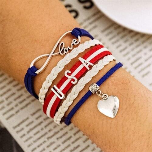21cm Infinity Love USA Heart Pendant Braided Bracelet Blue White Red Cord Travel Flag Jewelry Patriotic Flag Bracelet KL30F-3S4C