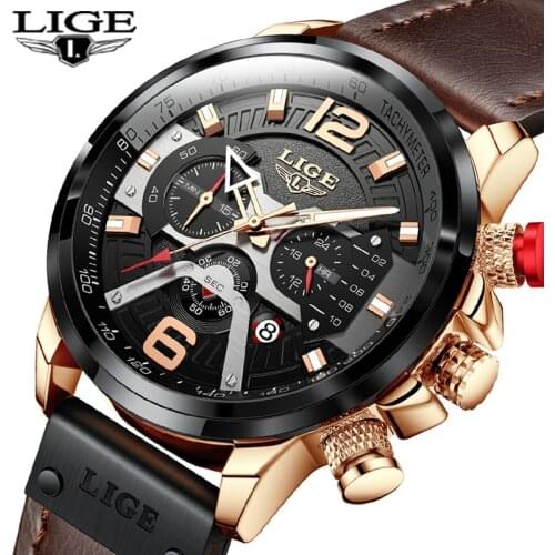LIGE Brand Men Watches Waterproof Leather Military Sport Chronograph Quartz Watch for Men Wrist Watch Fashion Erkek Kol Saati