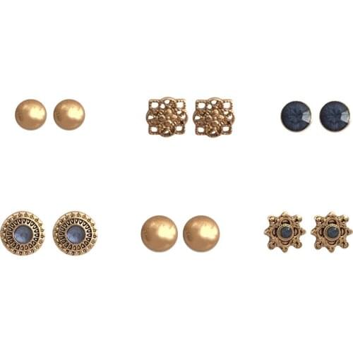 Europe Style Vintage Antique Gold Color Ball Navy Stone Floral Engraved Disc 6 Pair Stud Earrings For Women Girl