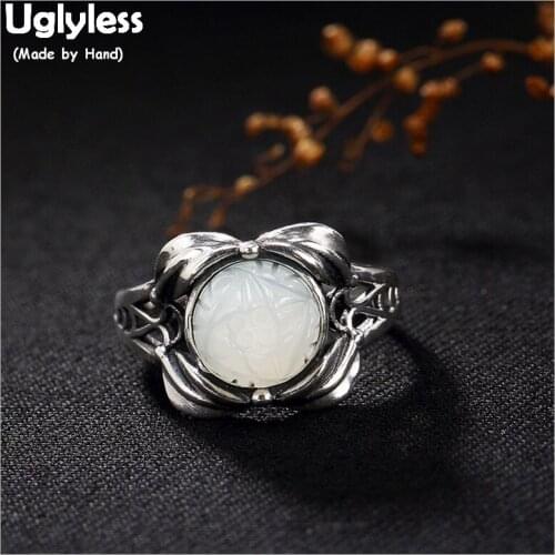 Uglyless 100% Real 925 Sterling Silver Handmade Leaves Open Rings for Women Natural Jade Flower Ring Thai Silver Fine Jewelry