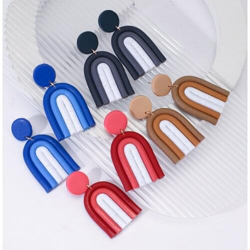 Lifefontier Unusual Multicolor Stripe Clay Hanging Earrings For Women Jewelry Arched Drop Dangle Earrings Trendy Earrings 2021