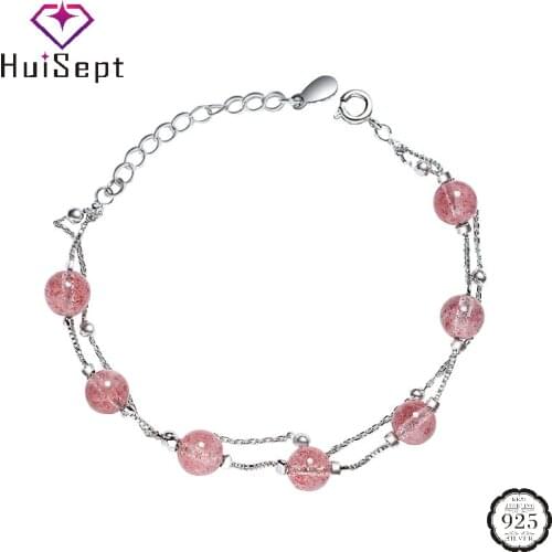 HuiSept Trendy Bracelet 925 Silver Jewelry with Strawberry Quartz Gemstone Hand Accessories for Girl Wedding Birthday Party Gift
