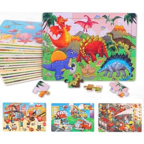 New 30 Pieces Wooden Toy Jigsaw Puzzle Wood Cartoon Animal Vehicle Kid Early Learning Baby Educational Toys for Children Puzzles