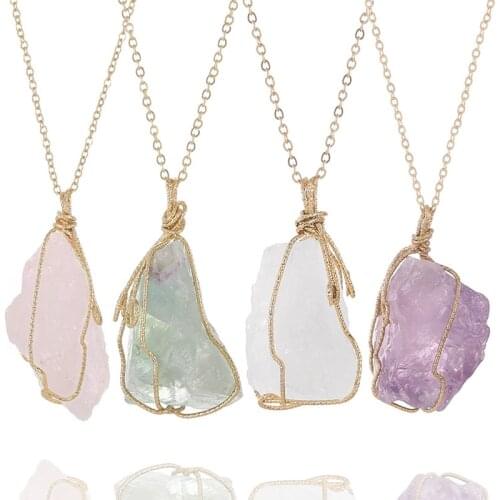 Natural Raw Stone Pendant Necklace Irregular Wire Wrapped Reiki Healing Crystal Unpolished Rough Stone Pendant
