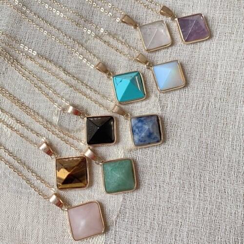 Retro Reiki Healing Chakra Stone Necklace Lapis Opal Turquoises Crystal Pyramid Natural Amethysts Quartz Pendant Necklace Women