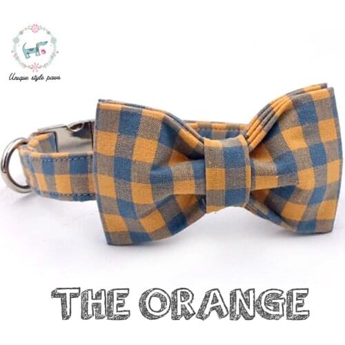 Dog Collar with Bow Tie Orange and Blue Plaid Cotton Adjustable Training Dog and Cat Necklace and Dog Leash Dog Accessories