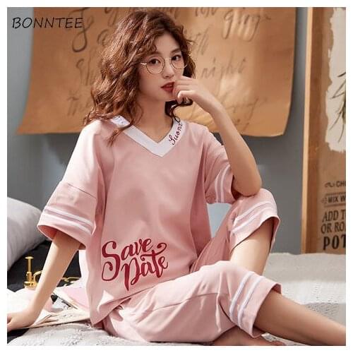 Pajama Sets Women Calf-length Pants Half Sleeve Cotton Summer Korean Style Plus Size 4XL Home Soft Prevalent Trendy Leisure New