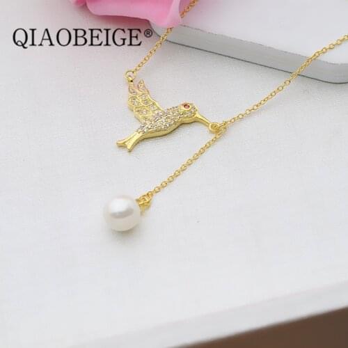 QIAOBEIGE Handcrafted diy material Design bird shape Freshwater Pearl mounting 925 Silver Gold Necklace Jewelry For Girls
