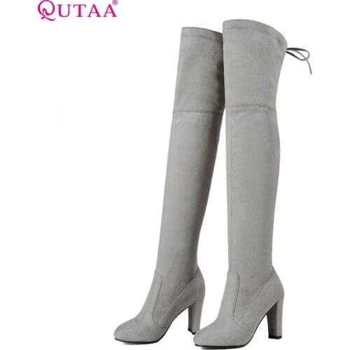 QUTAA 2020 Women Over The Knee Boots Sexy PU leather Square High Heel Women Shoes Winter Warm Motorcycle Boots Size 34-43