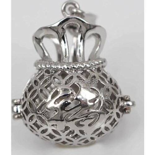 Rhodium tone Filigree Lucky Fu Hollow Ball Box Cage Locket Pendants For DIY Essential Oil Diffuser Perfume Sound Chime Necklace