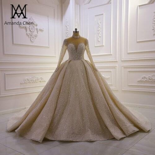 Mariage High Neck Long Sleeve Luxury Handwork Crystal Pearls Wedding Dress