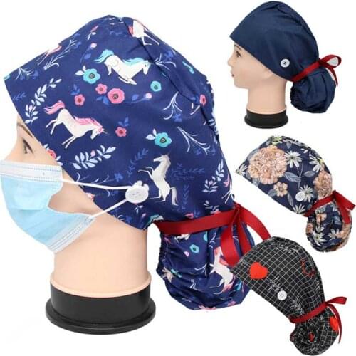 Nurse Hat Lovely Heart Cute Animals Print Elastic Bouffant Turban Cap Working Hats Unisex Tie Back Hats Hair Covers Bonnet Femme