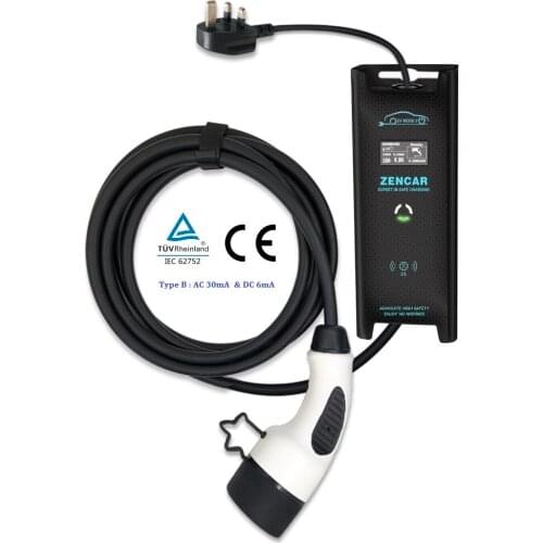 TUV IEC 62752 Type B Zencar 13A 3.2KW Type 2 AC EV charger with UK plug