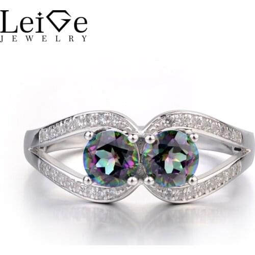 Leige Jewelry Round Cut Mystic Topaz Ring Sterling Silver Double Stone Ring Wedding Engagement Jewelry Rainbow Topaz