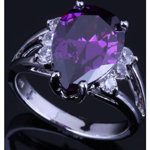 Magnificent Pear Purple Cubic Zirconia White CZ Silver Plated Ring V0629