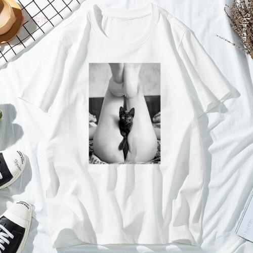 % 100 katoenen T-shirt met zwarte kat ontwerp sexy vrouw print top met korte mouwen en T-shirt casual T-shirt unisex tops