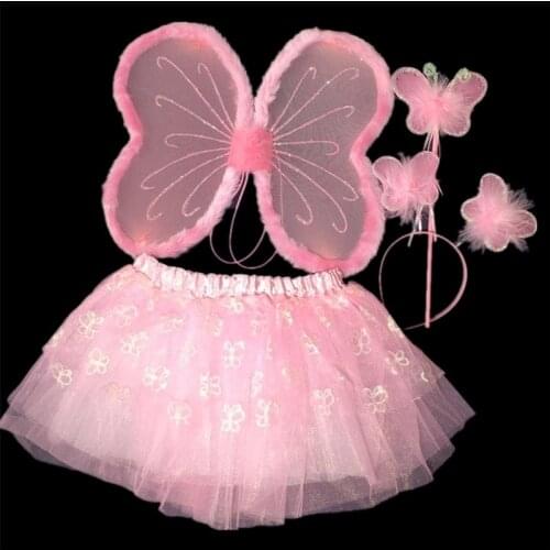 Girl Fairy Wing Skirt Magic Rod Wands Headband Princess Butterfly Costume Wings for Kids Dress Up Birthday Party Festival Decor