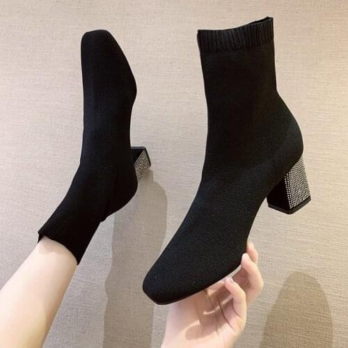 Womens high-heeled boots 2020 autumn and winter new fashion flashing diamond thick-heeled square toe elastic stockings thin boo