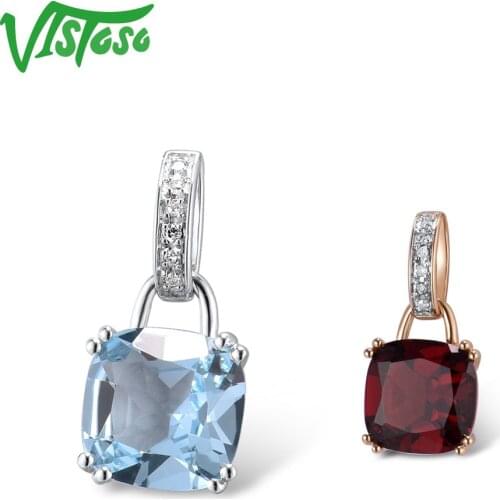 VISTOSO Gold Pendant For Women Genuine 14K 585 White Gold Radiant Sky Blue Topaz Sparkling Diamond Pendant Delicate Fine Jewelry