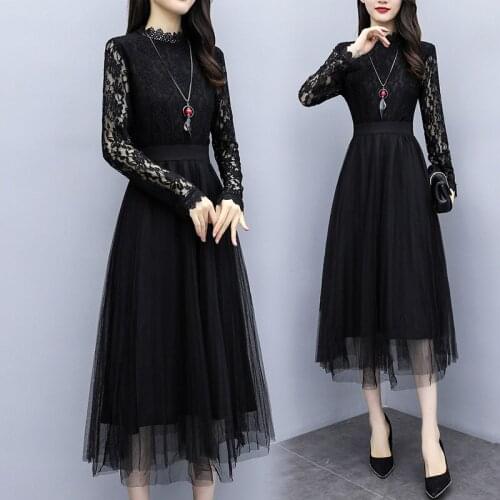 Womens Fashion Lace Long Sleeve Dress Autumn Black Mesh Patchwork Party Cocktail Robe Birthday Outfits Slim Casual Loose Dresses