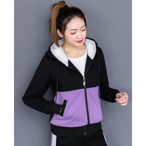 Womens faux lamb wool coat autumn and winter plus plush plush long-sleeved cardigan stitching hooded sweater