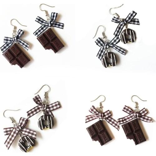 1 Pair Creative Cute Mini Chocolate Donuts Bow Earrings Minimalism Cartoon Design Female Ear Hooks Danglers Jewelry Gift